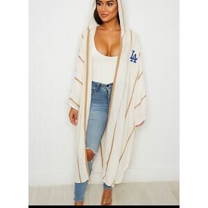 Los Angeles Dodgers Hooded Kimono | Cream & Tan Striped Long Cover-Up